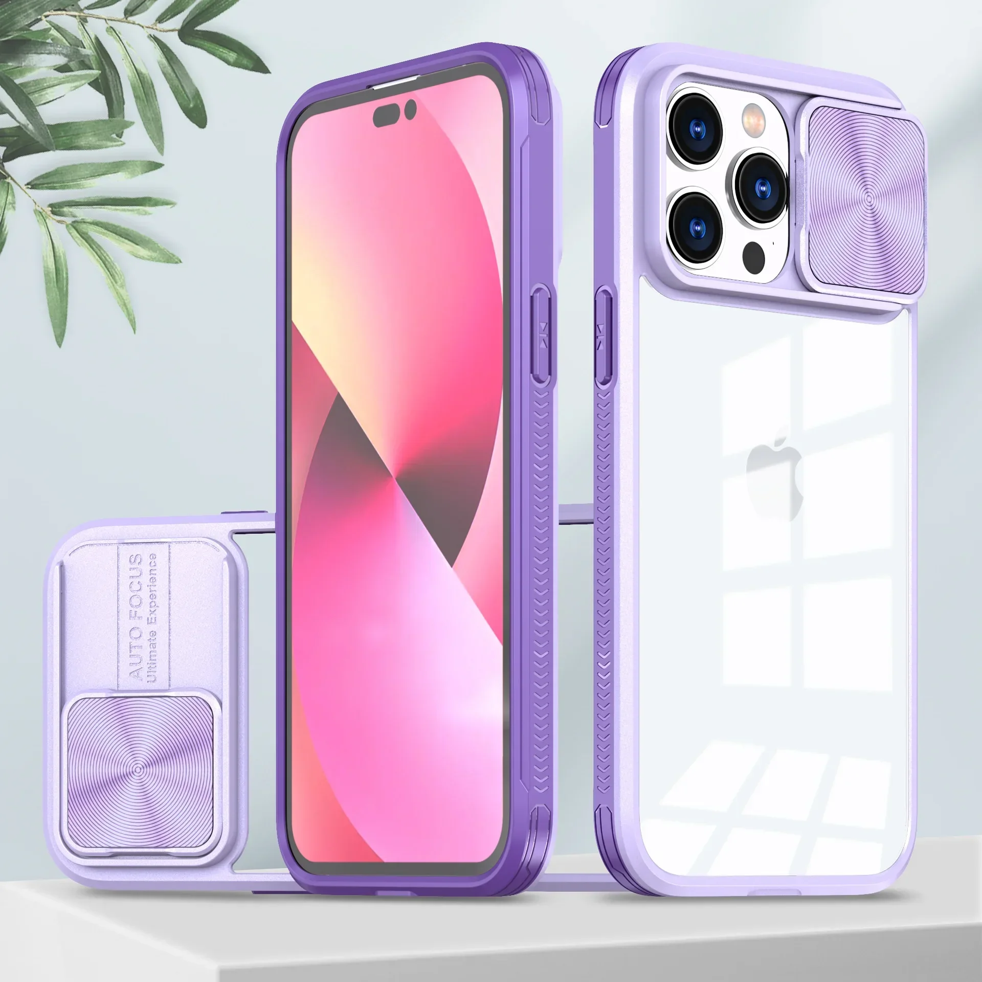 (iphone 14, Morado) Funda Protectora Transparente Deslizante Para La Cámara Del Iphone Con Marco Rígido.