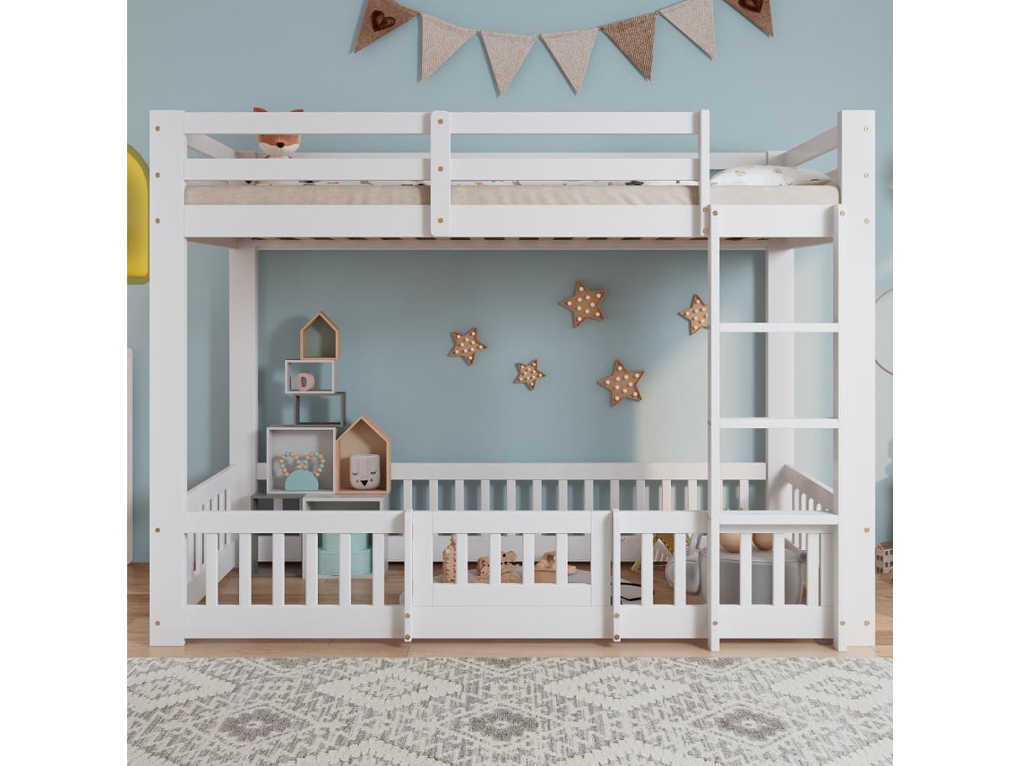 Cama Litera 90x200 - Cama De Madera Con Escalera En Ángulo, Barandilla Y Puerta, Protección Contra Caídas, Espacio Libre Debajo - Blanco