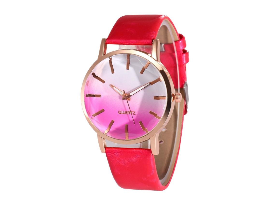 Reloj De Pulsera Analógico De Aleación Con Correa De Piel Sintética Rosa Y Roja, Estilo Moderno.