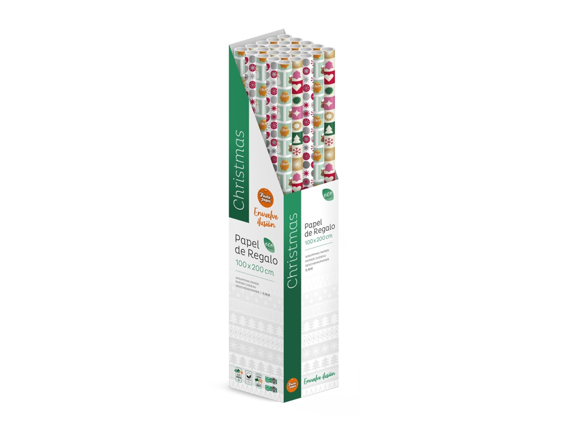 Pack 25 Rollos Papel Regalo Christmas 2m X 1m Navideño, Caja Expositora, Formato Grande, Listo Para Tienda, Regalos Navidad Tiendas Comercios - Fp Fiesta Paper