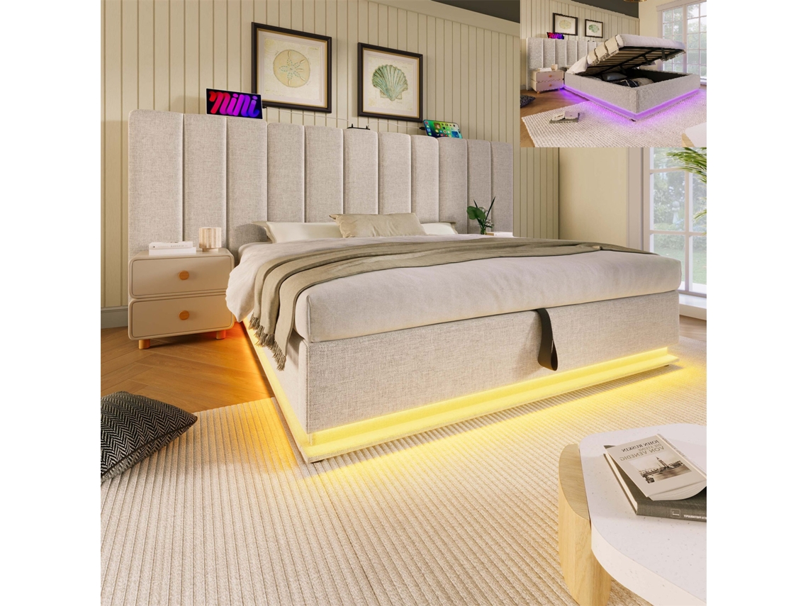 Cama De Matrimonio Tapizada Led Usb-c Gutent Lino Beige (160x200cm)