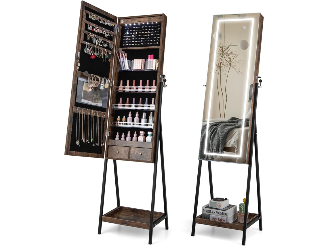 Organizador de Joyas Joyería Cerradura Forro Un Inferior Espejo Joyero Pie COSTWAY Madera Terciopelo Marrón (41x35x160cm)