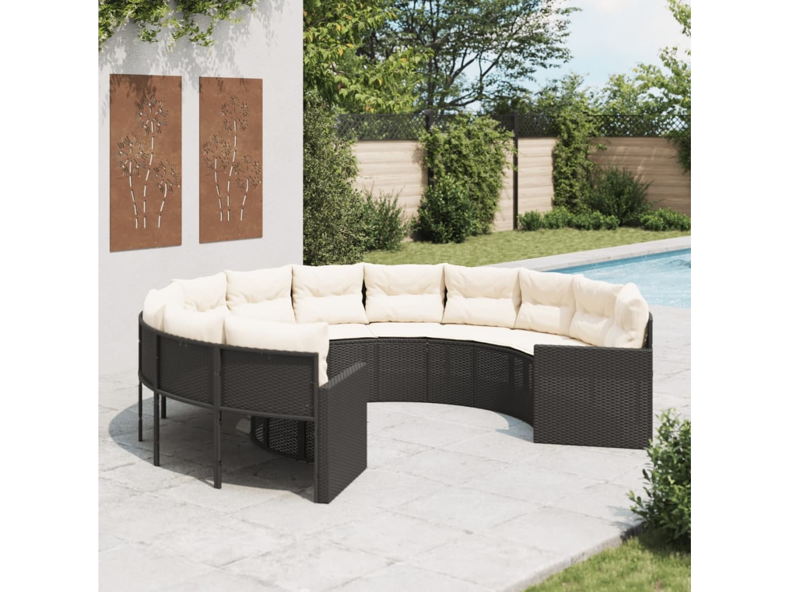 Sofá de jardín con cojines redondo de mimbre negro PE Dkd Home Decor