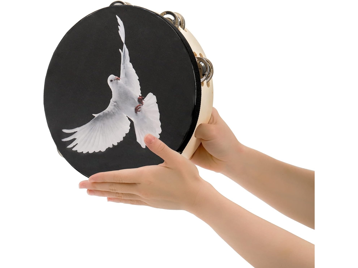 Pandereta de mano Cuich, pandereta de iglesia con sonaja de doble fila Peace Dove, adecuada para iglesia, negra, 8 pulgadas