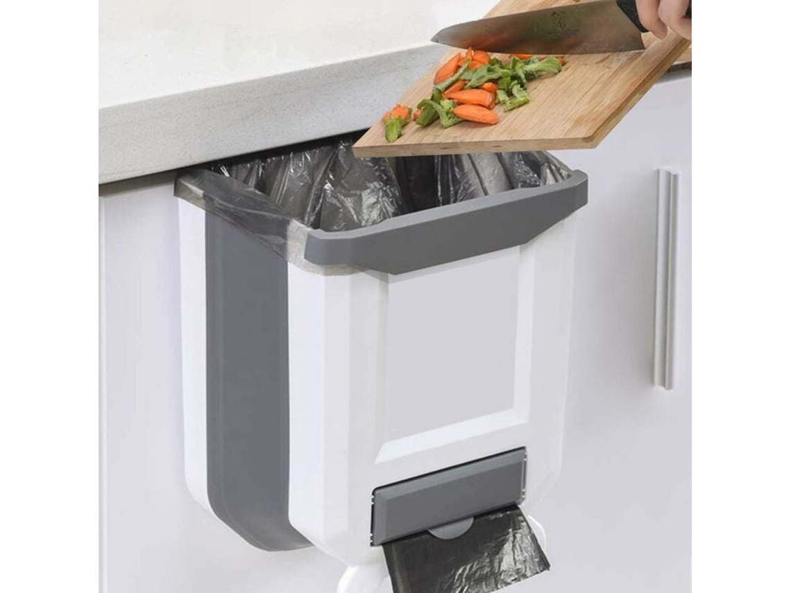 Basurero plegable de alta calidad para puerta de armario de cocina, ahorra espacio y bloquea olores, 8 L, blanco (plástico TPE)