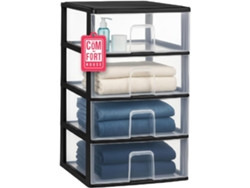 COM-FORT HOUSE | Cajonera Apilable de Plástico | Modelo Transparente | Color Negro | Modelo de 4 Cajones | Cajones de Almacenamiento Modular