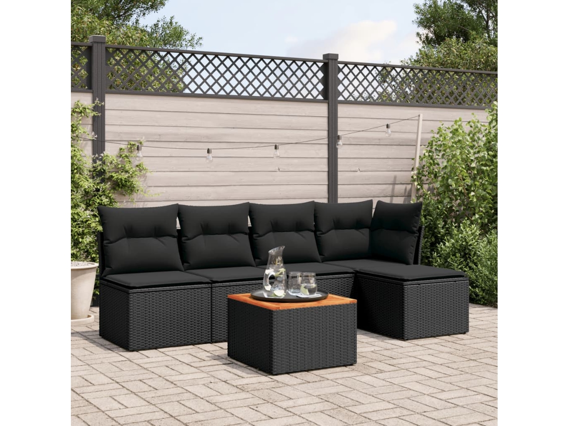 Conjunto de sofá de jardín de 6 piezas con cojines, mimbre sintético negro, DKD Home Decor