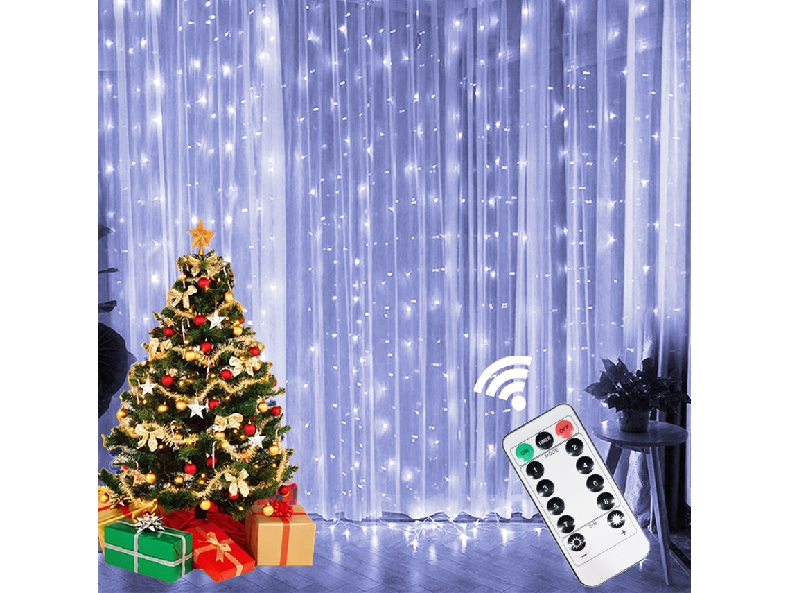 Cortina de luces LED (luz blanca, 4x3 m), con enchufe USB y mando a distancia, 8 modos de iluminación.