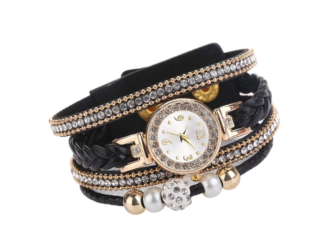 Reloj De Pulsera Multicapa De Diamantes De Imitación Para Mujer Con Cordón Trenzado Y Movimiento De Cuarzo Negro.