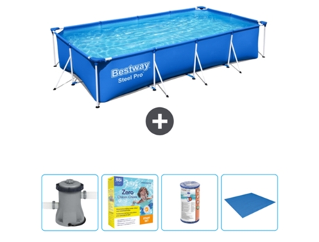 Piscina BESTWAY Rectangular Steel Pro - 400 x 211 x 81 cm - Azul - Bomba incluida Paquete de mantenimiento - Filtrar - Suelo