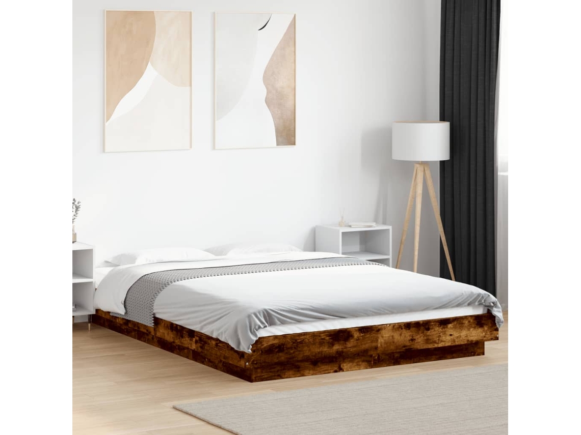 Estructura Cama Con Luces Led Madera Roble Ahumado 120x190 Cm