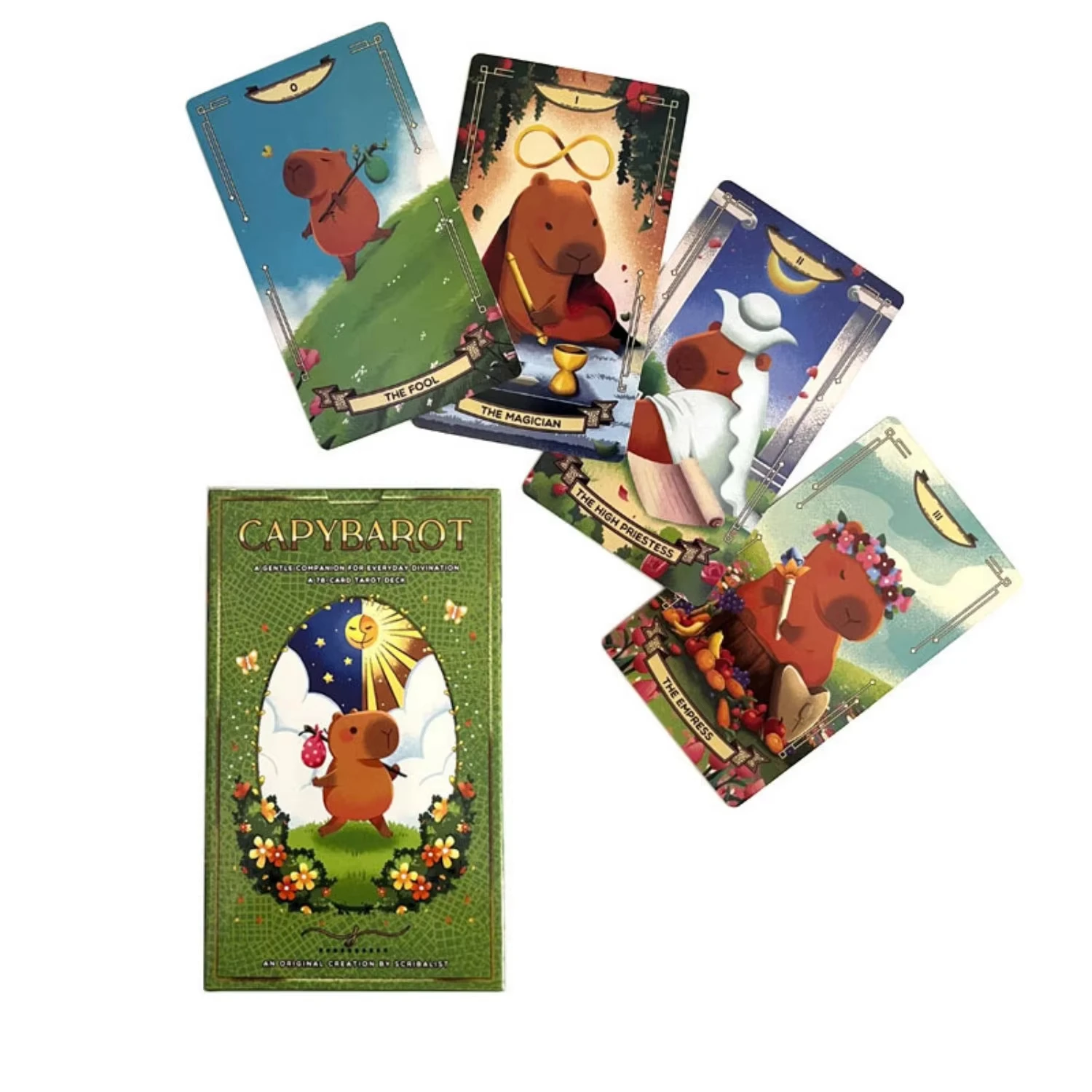 Cartas del Tarot Capybarot, un divertido juego de mesa de adivinación y entretenimiento para fiestas.