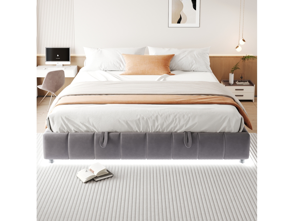 Cama Baúl 180x200 Cm Sin Cabecero Con Led Blanca, Estructura Tapizada Hidráulica Y Base De Lamas, Gris