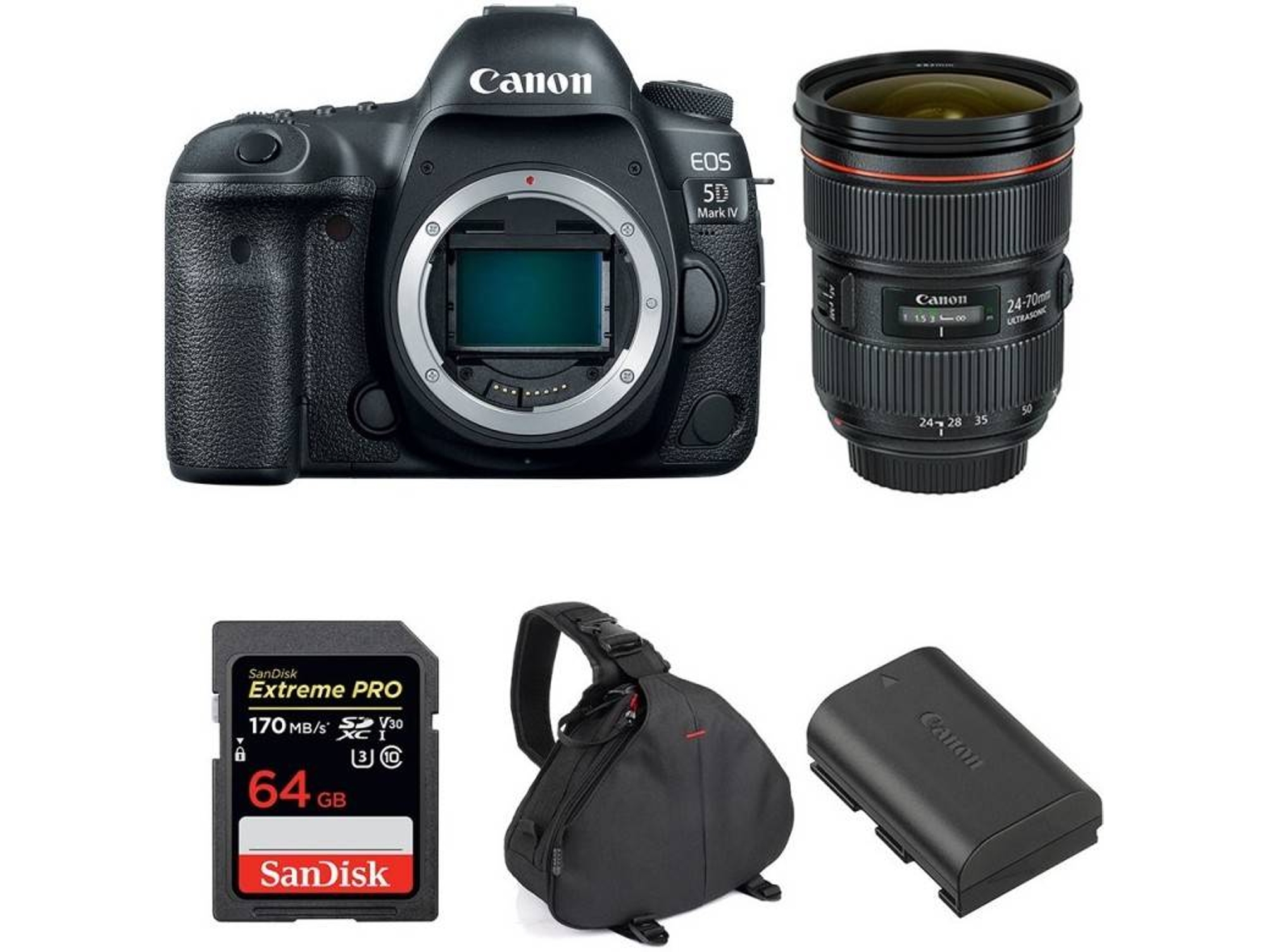 Kit Cámara CANON EOS 5D Mark IV + EF 24-70mm f/2.8L II USM + SanDisk 64 GB + Batería + Bolsa (Full-Frame)