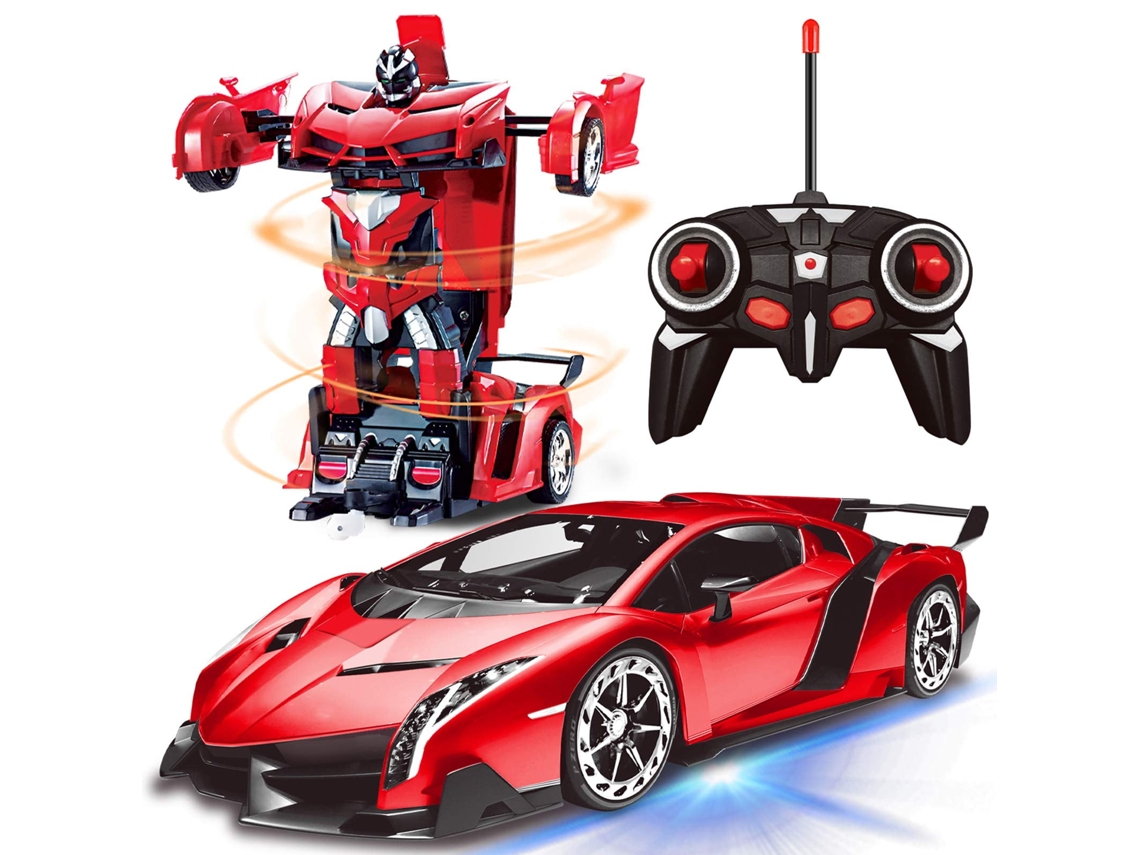 Coche robot transformable a control remoto juguete de 24 GHz escala 1:18 recargable rotación de 360° carreras acrobáticas color rojo GERTIZ