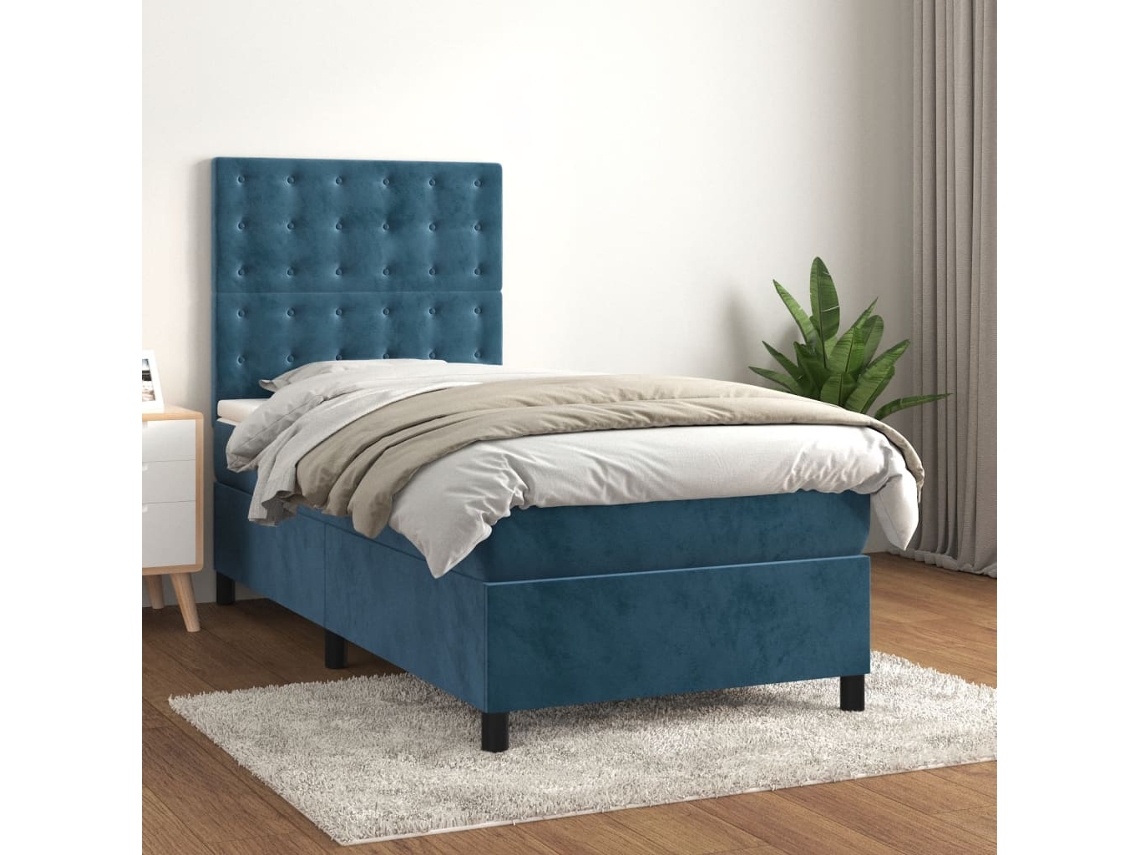 Cama Box Spring Con Colchón Terciopelo Azul Oscuro 90x200 Cm