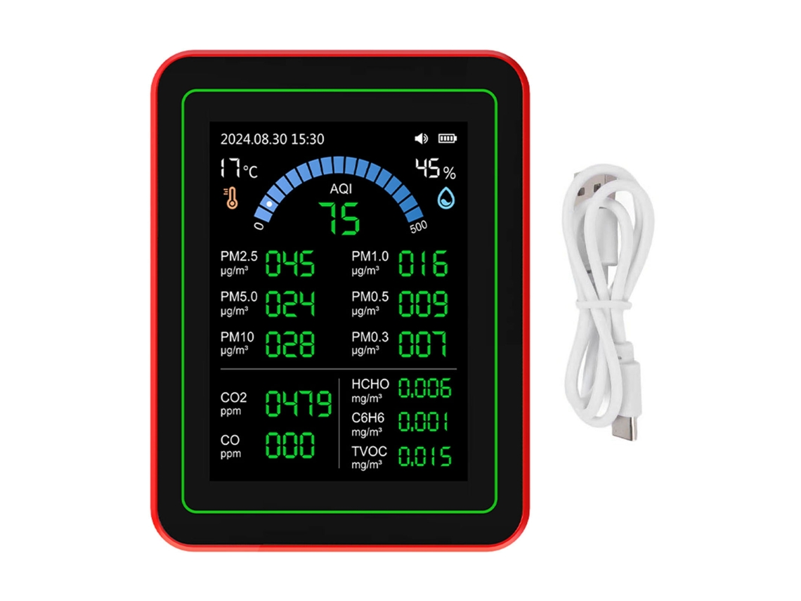 Medidor Portátil De Calidad Del Aire 18 En 1 Con Batería, Co2, Tvoc, Hcho, Pm2.5, Pm10, Temperatura, Humedad, Negro.