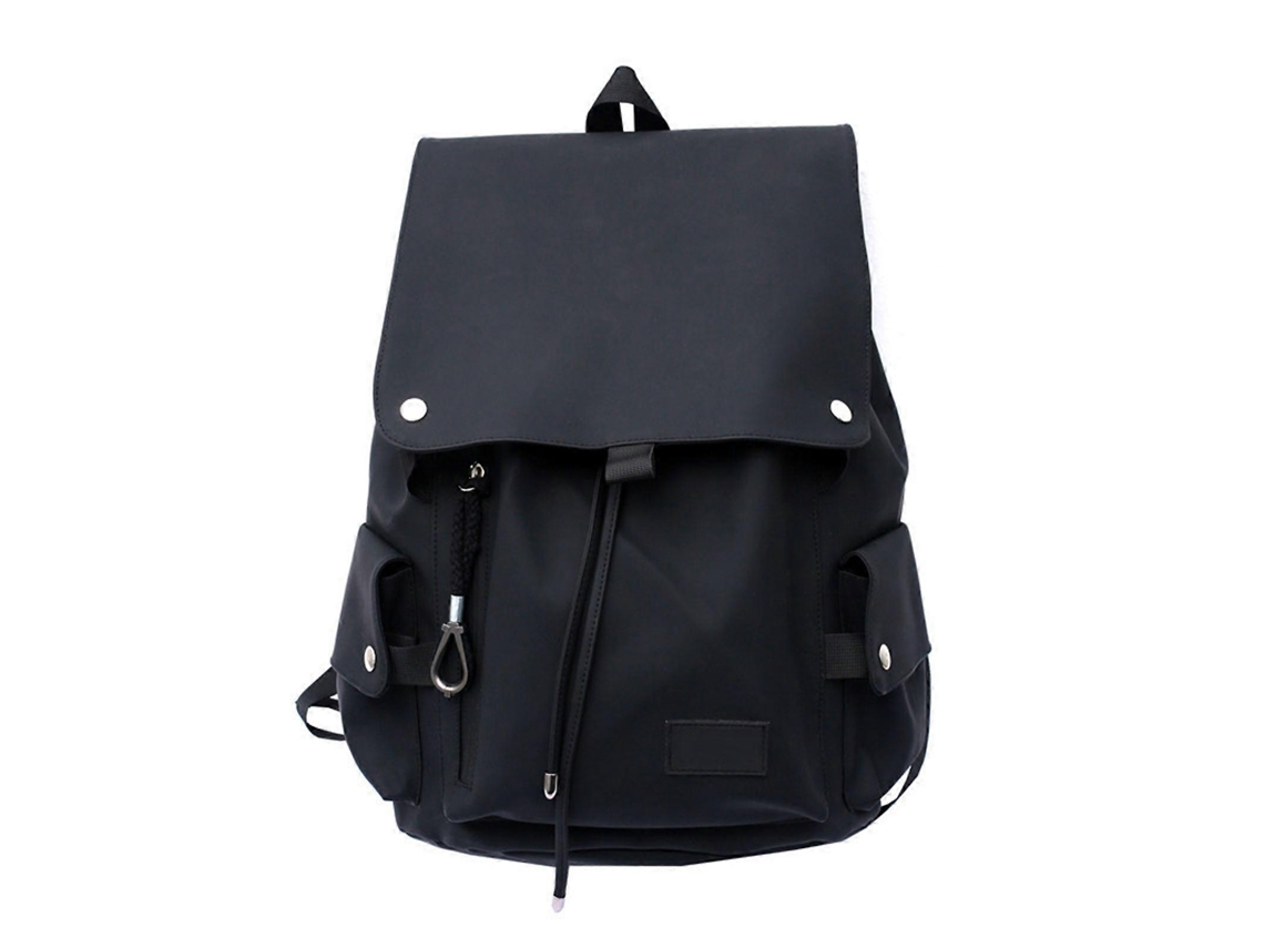 Mochila escolar versátil de piel sintética, resistente al agua, con solapa grande y cordón ajustable, ideal para uso diario. Negra.