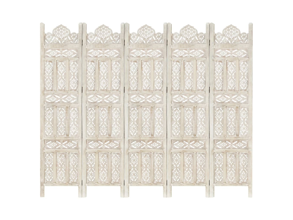 Separador LOVELY HOME de Escultura de Mano de 5 Paneles en Madera Maciza Blanca (200 x 165 cm)