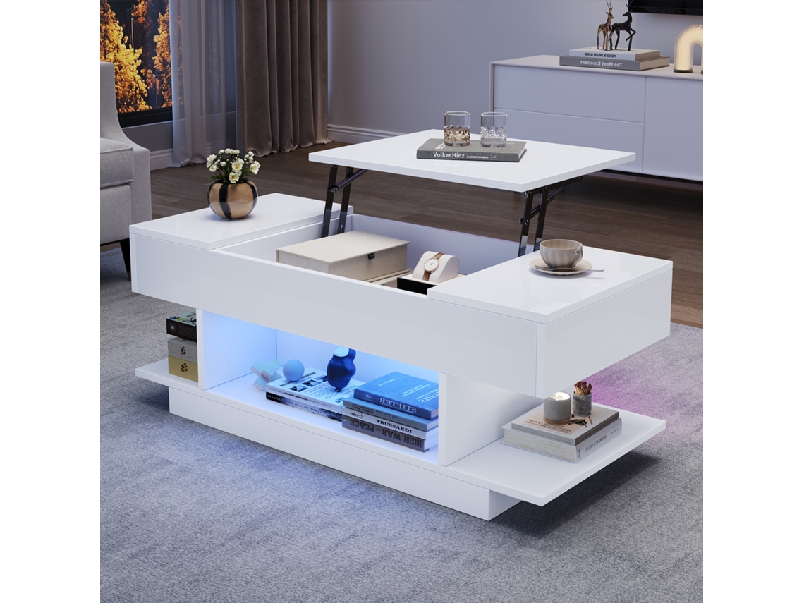 Mesa De Centro Elevable 98x45x40 Cm - Sofá Con Mesa Elevable, 2 Armarios Plegables, Led, Blanco
