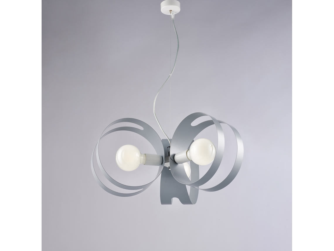 Lámpara colgante Peter de hierro blanco con tiras grises cortadas a láser y cable de acero ajustable. 3 luces. 130 Ø48 Bl306 3 Bg Belight.