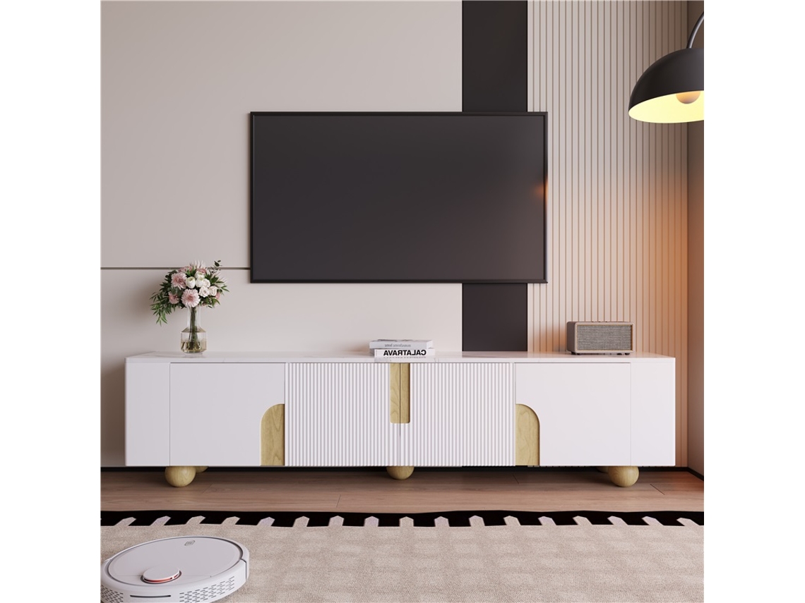 Mueble Tv Blanco 180cm 4 Puertas Efecto Mármol Patas Madera Salón