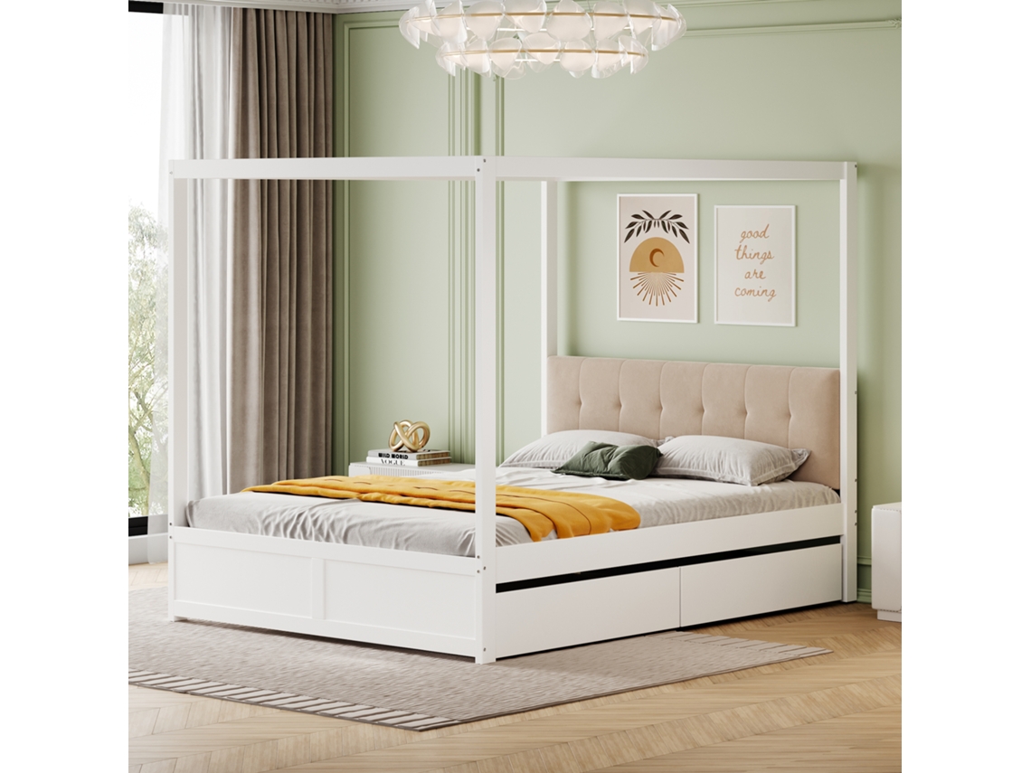 Cama Con Dosel Blanca De 140x200 Cm, Cajones, Cabecero Tapizado, Elegante.