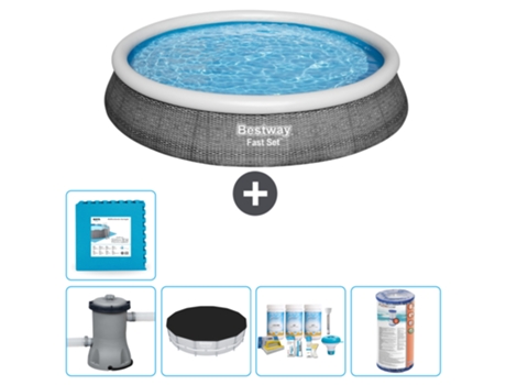 Piscina hinchable redonda Fast Set BESTWAY - Estampado ratán - 396 x 84 cm - Bomba incluida Cubrir - Paquete de mantenimiento - Filtrar - Baldosas