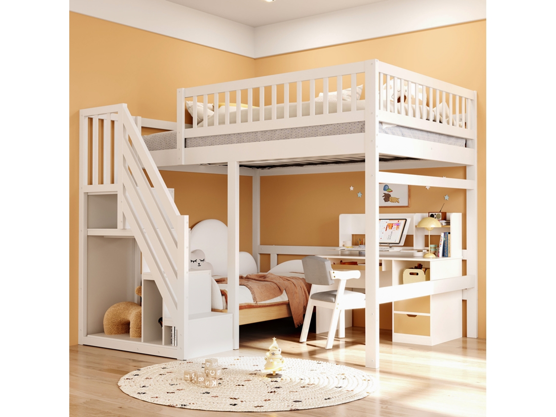 Cama De Madera De 140x200, Escalera, Armario, Pasamanos Blanco.