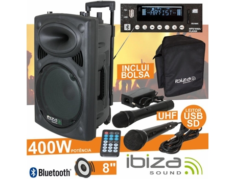 G-PORT8UHF-BT :''ALTAVOZ AMPLIFICADO 8'''' 400W USB/BT/SD/BAT UHF NEGRO IBIZA