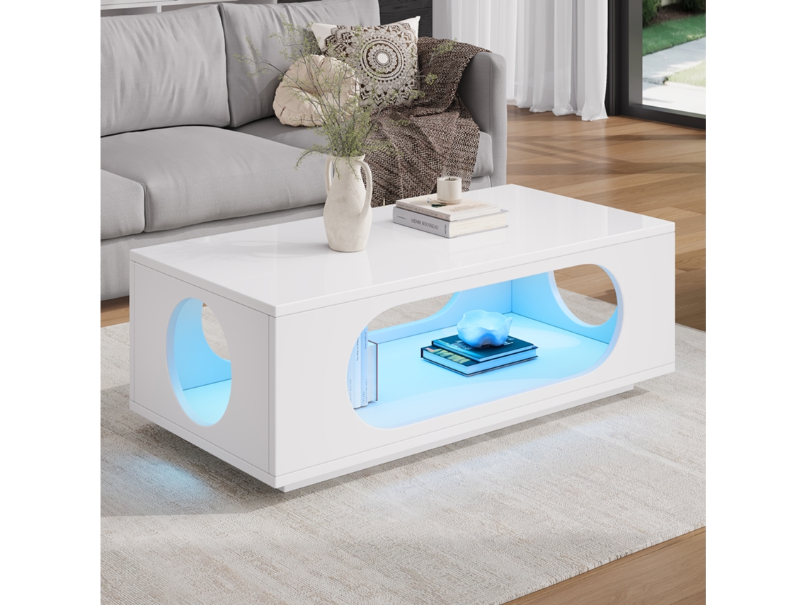 Mesa De Centro Con Iluminación Led, 100x50x35cm, Mdf, 30kg, Blanca.