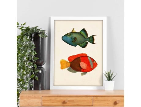 Póster NACNIC de Dos Peces Verde Azul y Rojo Amarillo y Gris en , Fondo Papel Vintage.