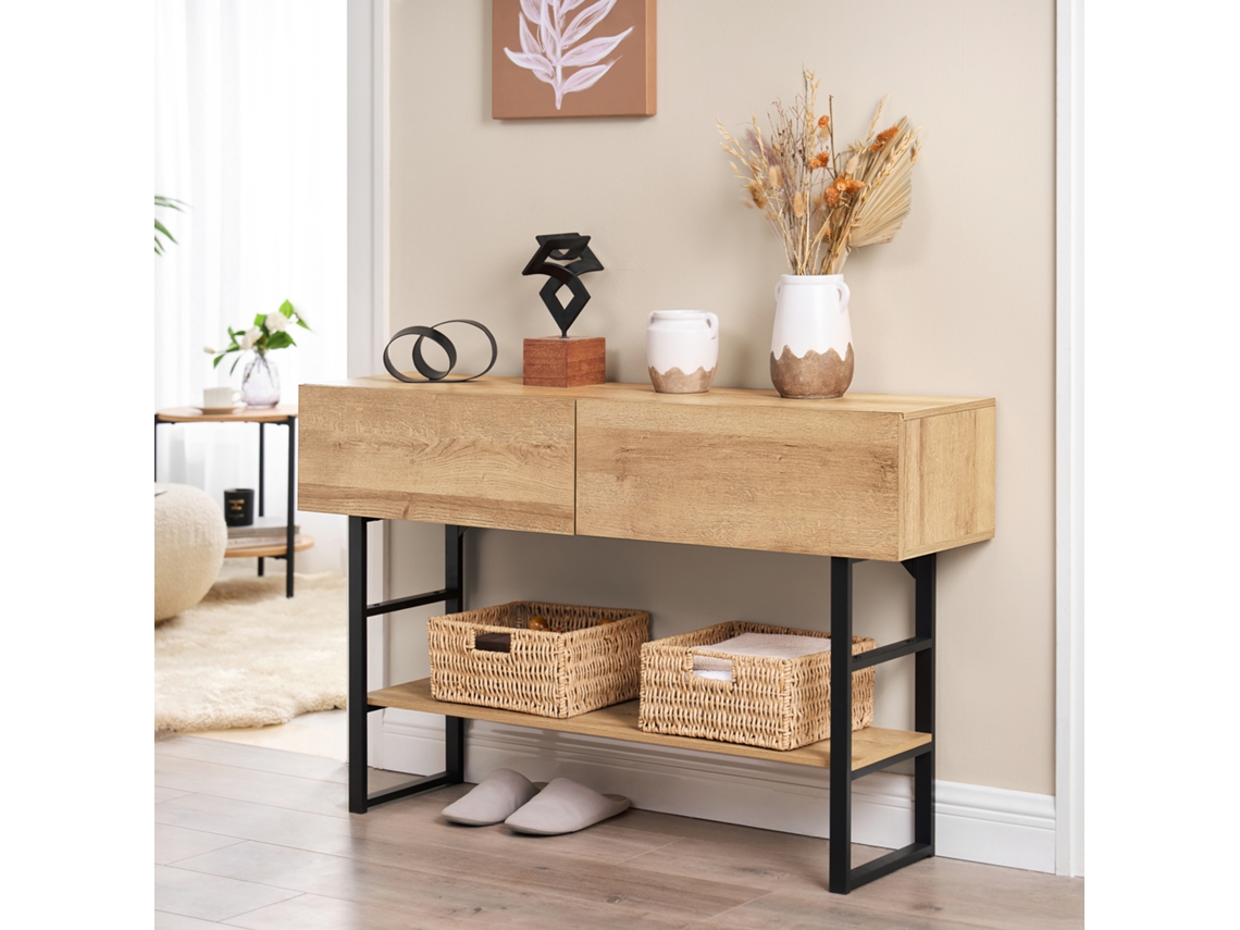 Mesa consola Varberg con 2 cajones metal aglomerado 75 x 120 x 30 cm Efecto Roble y Negro [EN.CASA]
