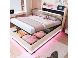 Cama Infantil De 90x200 Cm Con Led Multicolor, Usb, Cabecero Ajustable Y Almacenamiento Hidráulico, Ropa De Cama Beige.