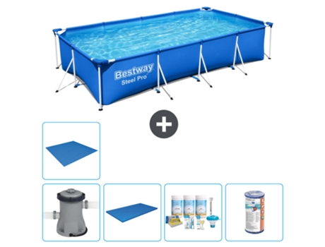 Piscina BESTWAY Rectangular Steel Pro - 400 x 211 x 81 cm - Azul - Bomba incluida Cubrir - Paquete de mantenimiento - Filtrar - Suelo