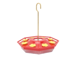 Comedero de plástico para colibríes con 8 flores amarillas y gancho de cobre para colgar al aire libre.