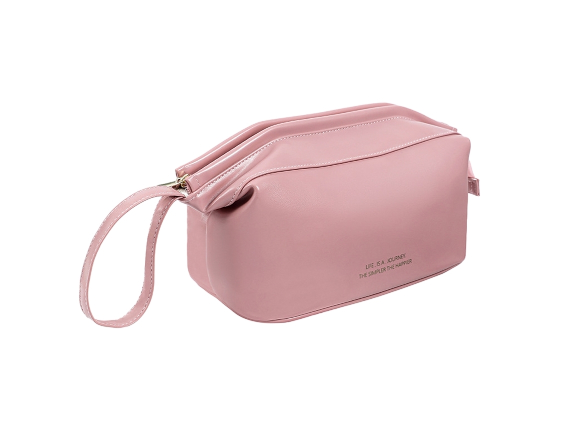 Neceser de viaje para maquillaje y artículos de aseo, portátil, de piel, de una sola capa, gran capacidad, color rosa.
