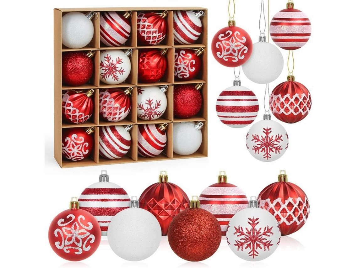 Bolas De Navidad Rojas Y Blancas, 16 Unidades De 6 Cm, Decoración De Plástico Para Árbol De Navidad Con Cuerda.