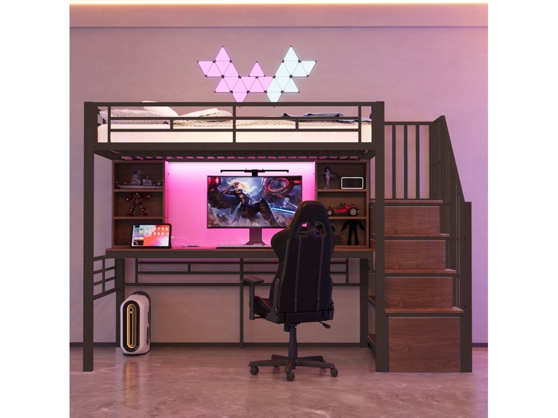Litera Mezzanine 90x200 Cm, Escritorio Integrado Con Almacenaje, Escalera Segura Con Cajones, Led Multicolor, Enchufe Europeo, Negro