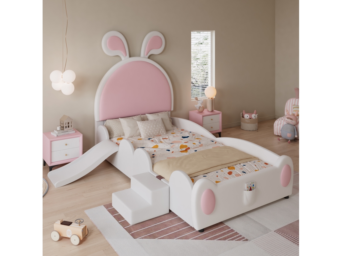 Cama Tapizada De 90x200 Cm, Color Rosa, Con Escalera Y Tobogán.