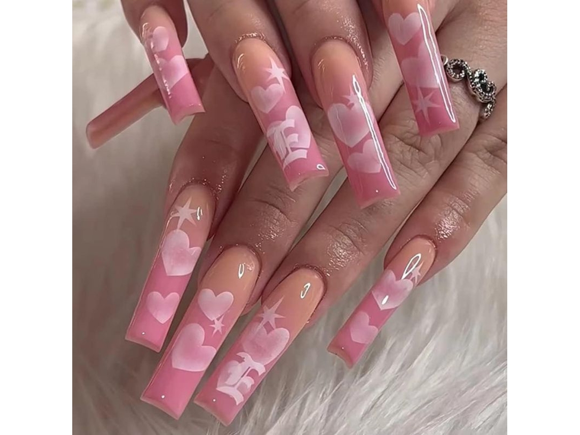 Uñas Postizas Rosas Con Diseño De Corazón, Varios Tamaños, Para Fiestas Y Regalos.
