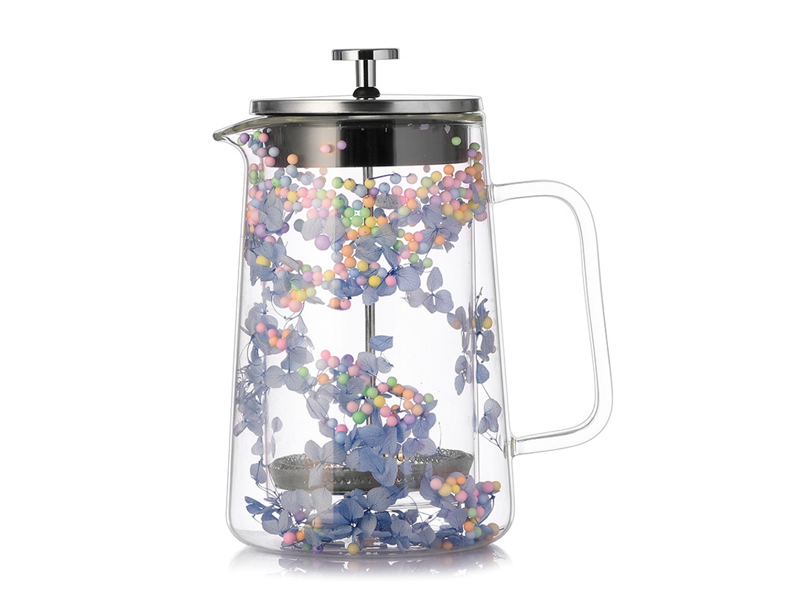 Cafetera de émbolo Chrui, 34 oz, con filtro de acero inoxidable y capa intermedia de flores secas (azul)