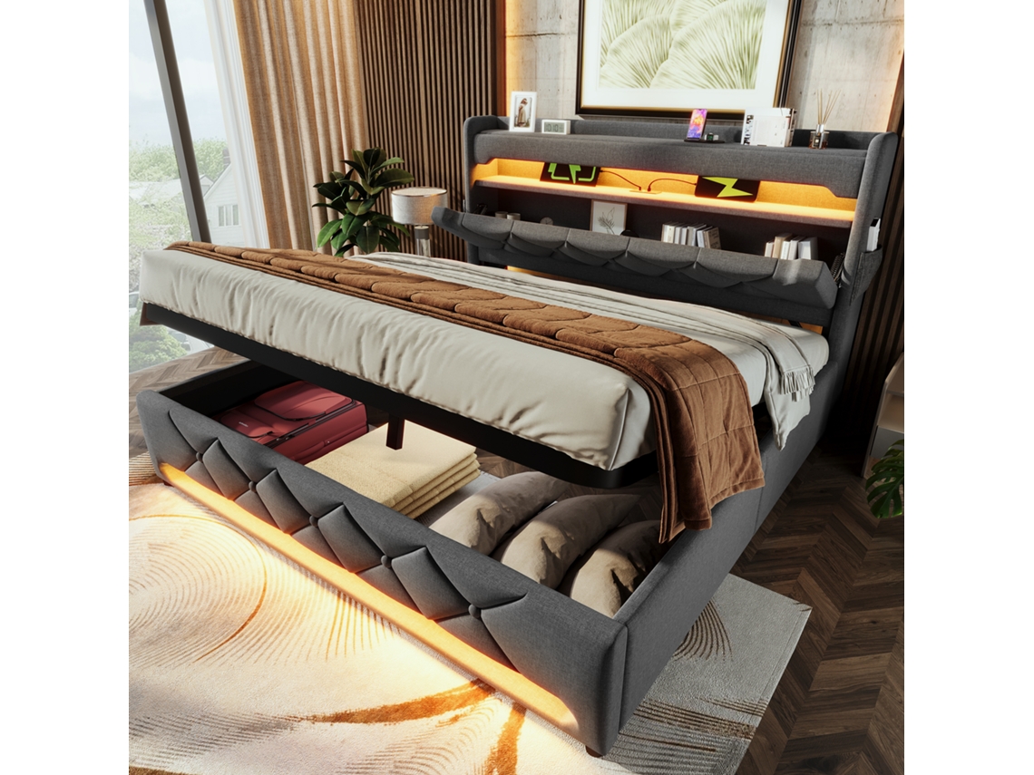 Cama Doble 180x200 Cm Tapizada, Led 360°, Usb-c, Cabecero Y Piecero, Almacenamiento Hidráulico, Gris, Sin Colchón.