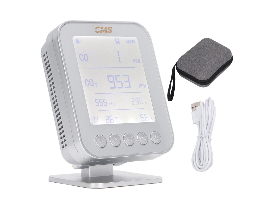 Detector de presión y altitud multifuncional 6 en 1 con carga USB, monitor de CO, CO2, temperatura y humedad para el hogar.