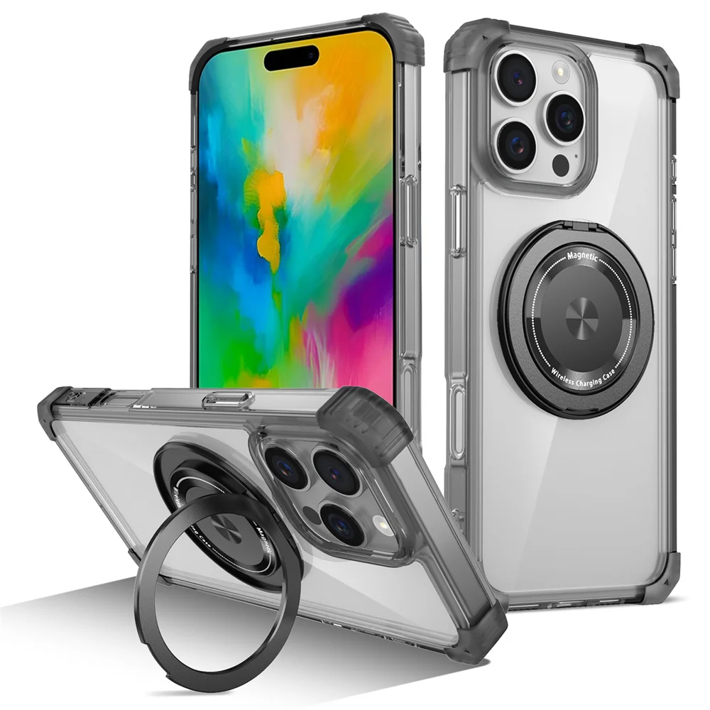 (negro, Iphone 14) Funda Magnética Para Teléfono Con Carga Inalámbrica Y Soporte Giratorio Transparente Invisible.