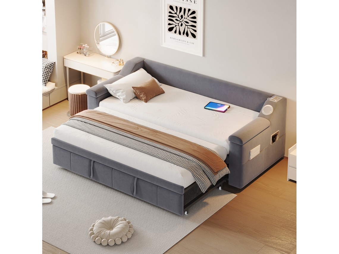 Sofá cama tapizado de 90 x 190 cm con puerto USB y compartimentos de almacenaje en terciopelo gris Mobrio