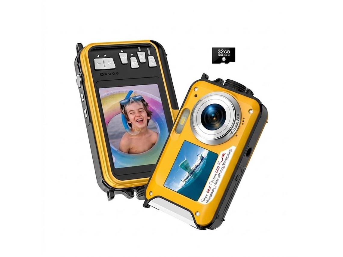 Cámara Sumergible 4k De 64 Mp Con Enfoque Automático, Doble Lente, Hasta 4,8 Metros (amarillo)