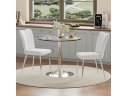 Mesa De Comedor Moderna De Vidrio De Seguridad 85 Cm Con 2 Sillas En Pu Blanco, Estructura De Metal Plateado, Ideal Para Cocina Y Comedor