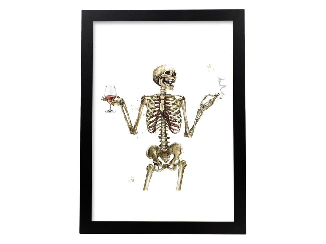 Póster NACNIC Chico Esqueleto Bebiendo Vino con Imagenes de Calaveras.