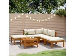 Conjunto Lounge 6 Pcs Jardim C/ Almofadões Creme Acácia Maciça Dkd Home Decor